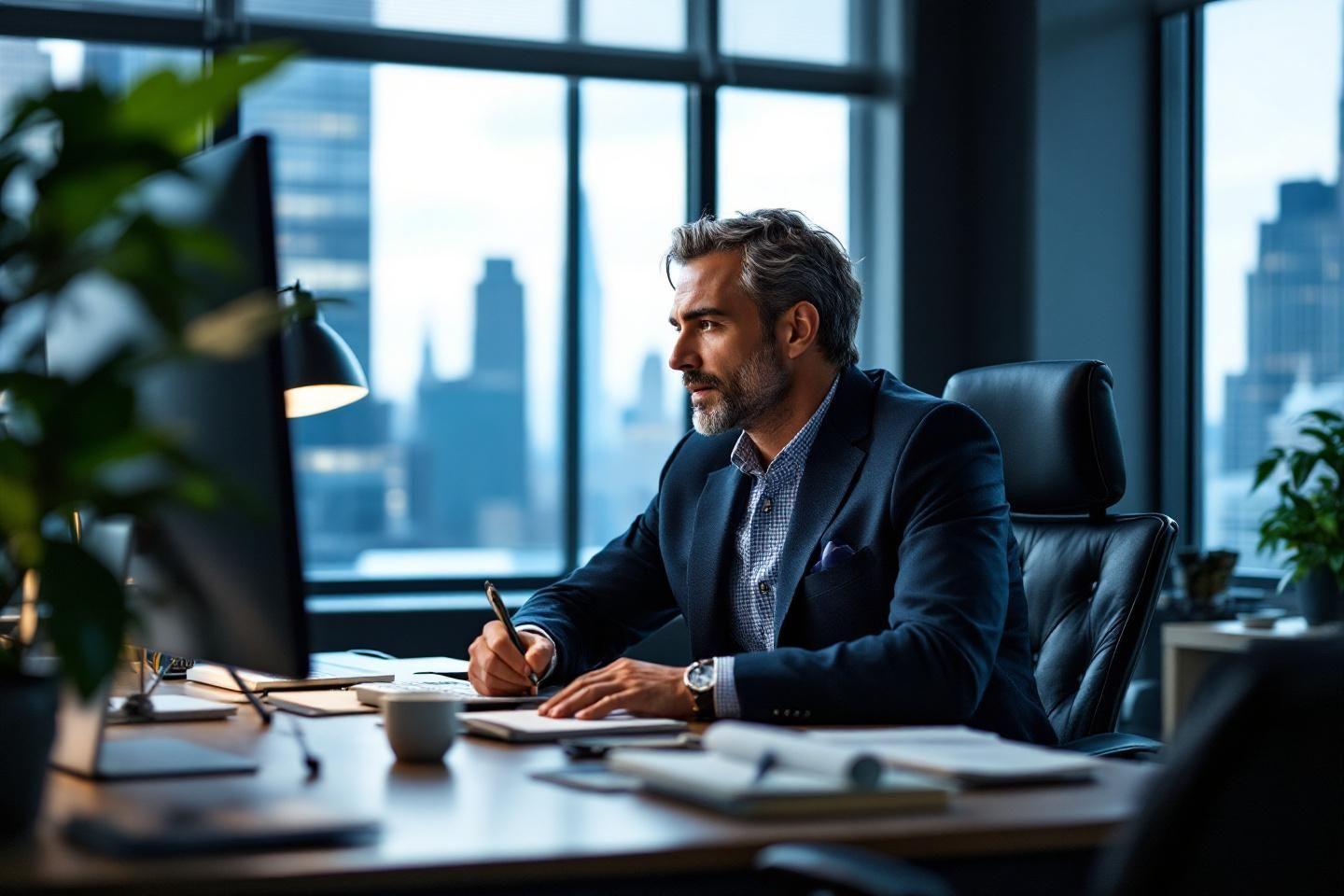 Homme d'affaires travaillant avec vue sur gratte-ciels