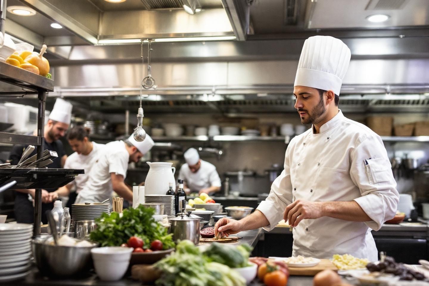 Chefs préparant des plats dans une cuisine de restaurant moderne
