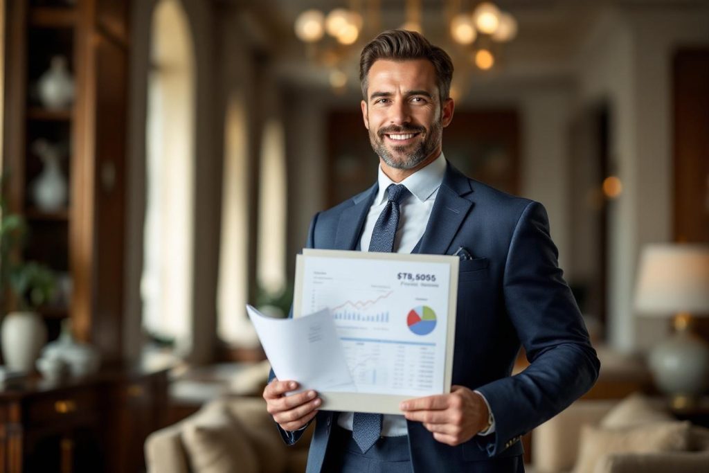 Homme en costume souriant tenant des documents financiers