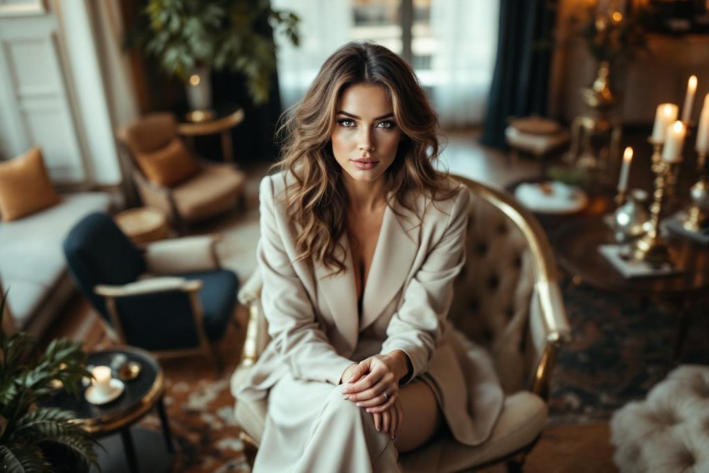 Femme en tenue blanche assise dans un décor cosy et lumineux