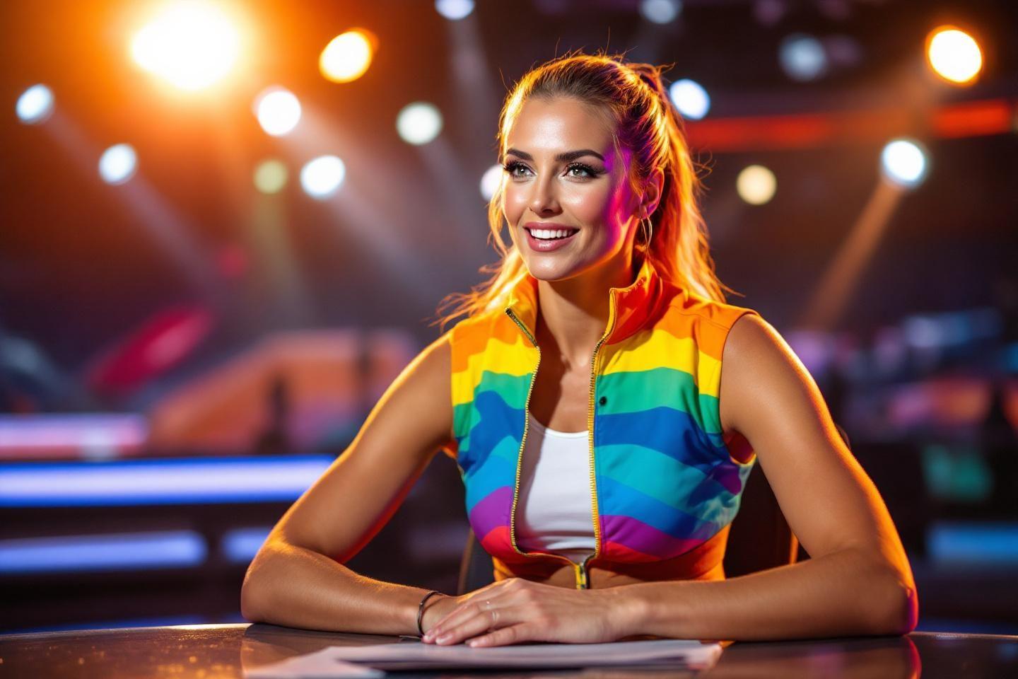 Femme souriante, veste colorée, plateau de télévision éclairé