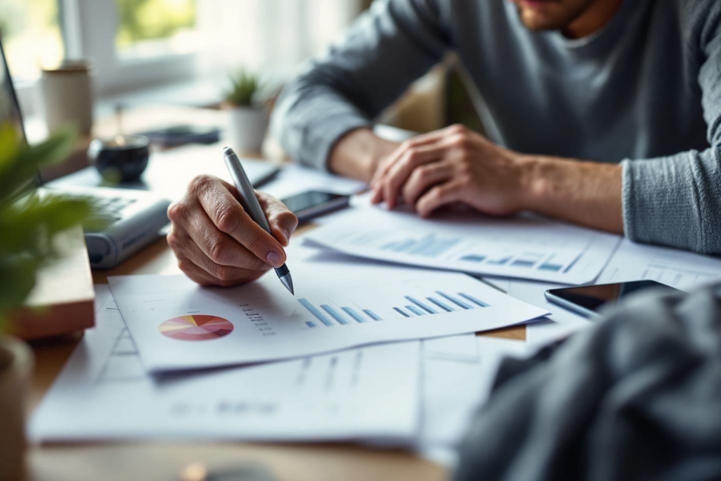 Main tenant un stylo sur des graphiques et documents de travail