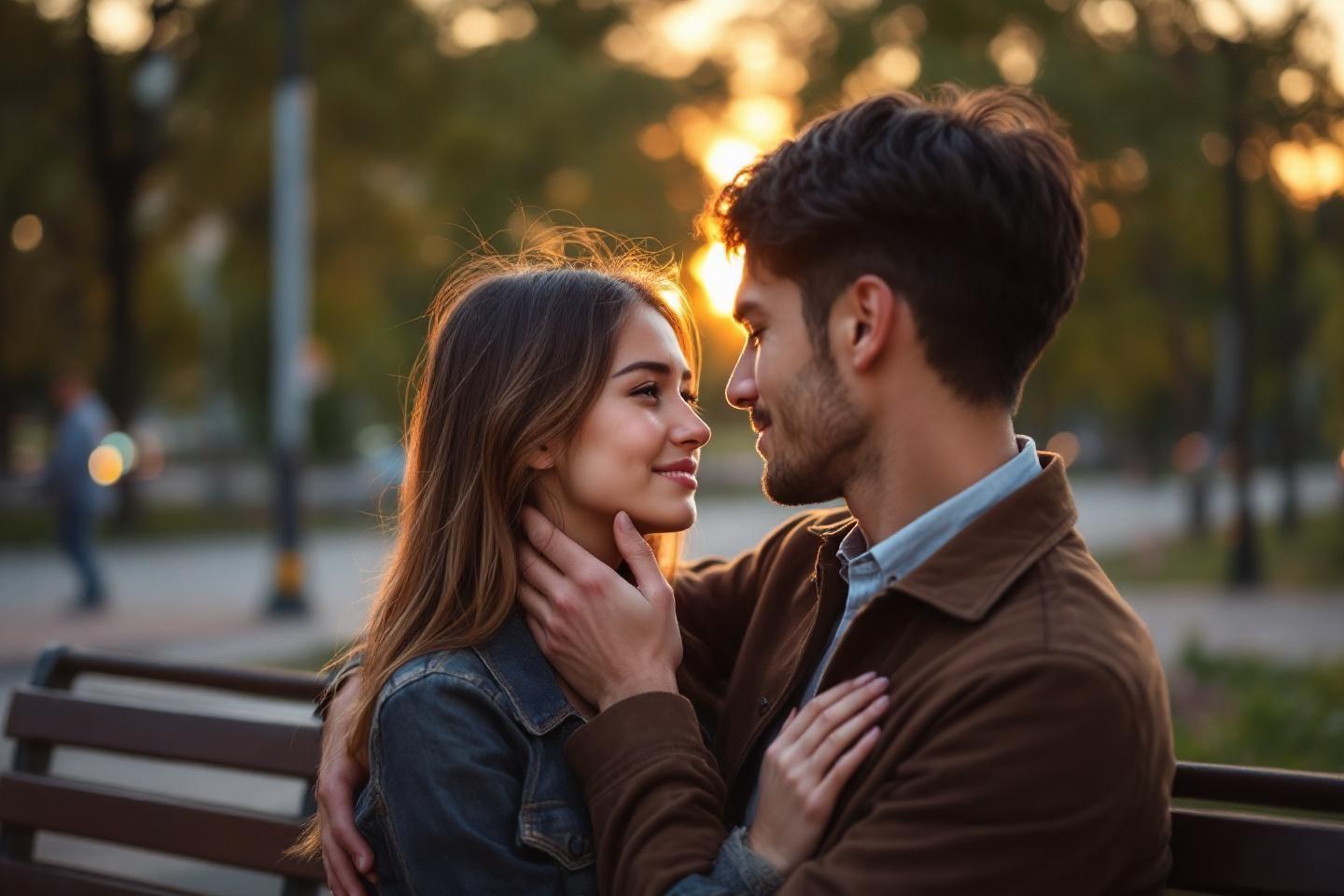 Couple amoureux enlacé dans un parc à la lumière dorée