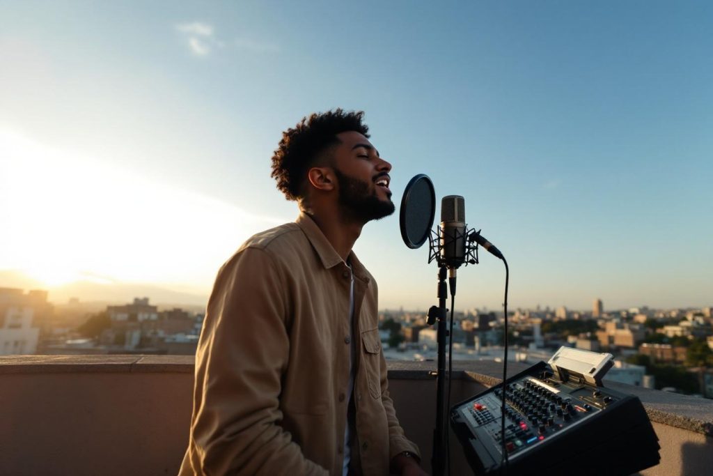 Artiste chantant au microphone, avec ville en arrière-plan