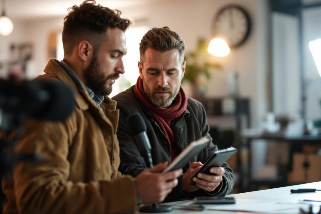 Deux hommes travaillant ensemble avec des tablettes électroniques