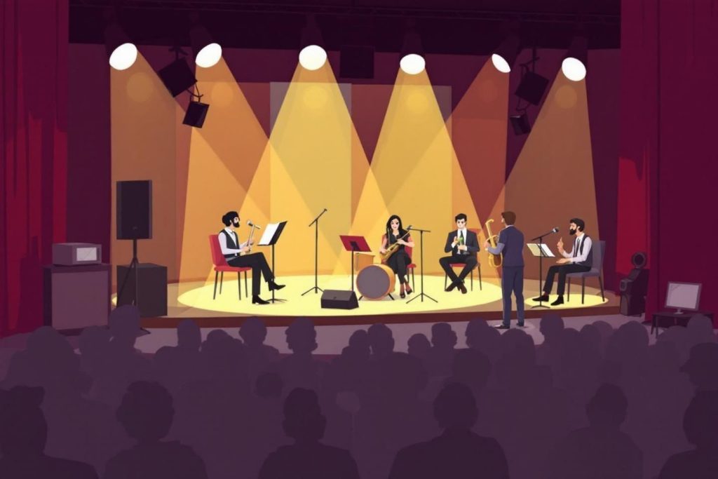 Groupe musical sous projecteurs, foule en arrière-plan