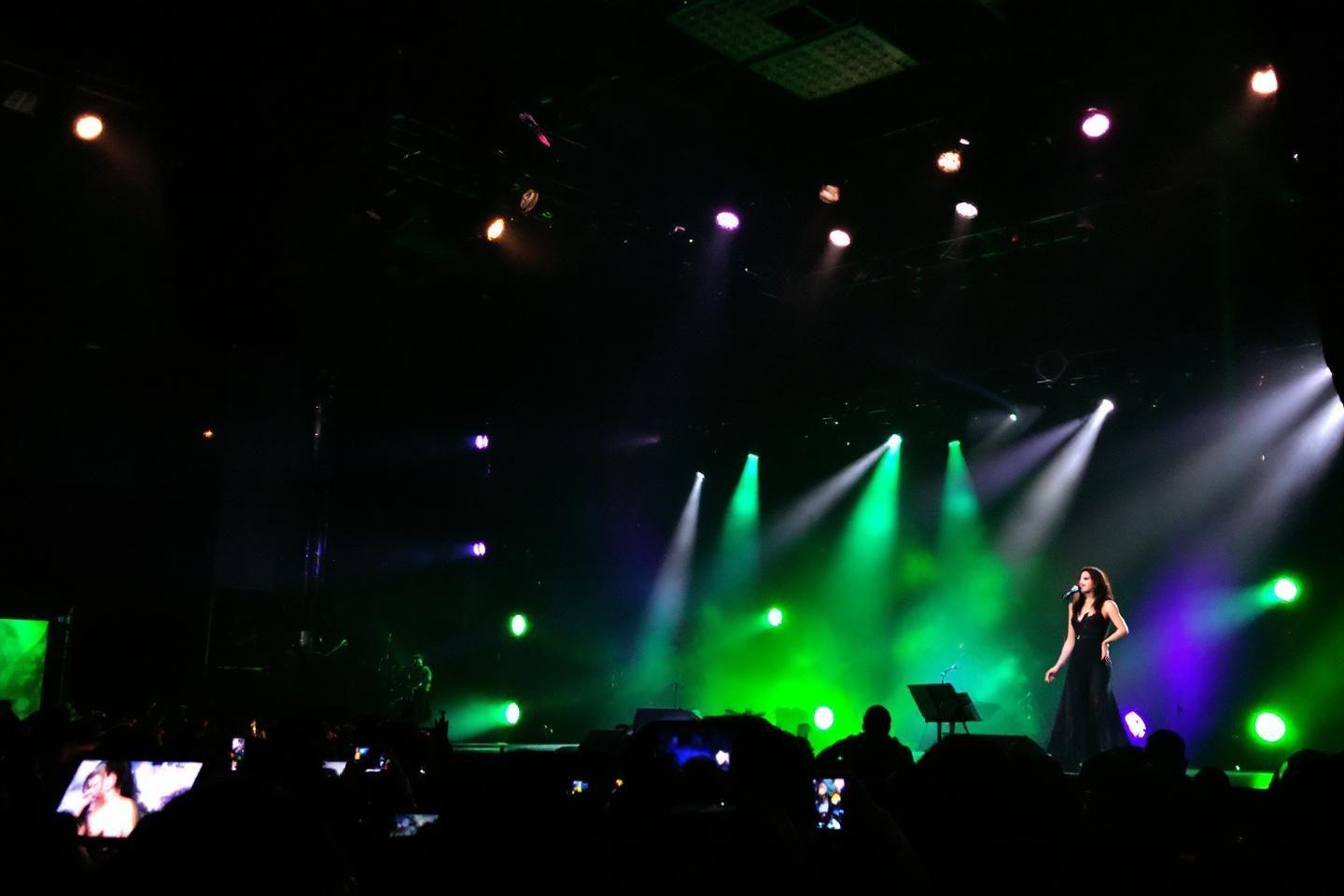 Chanteuse sur scène dans une atmosphère de concert verdoyante