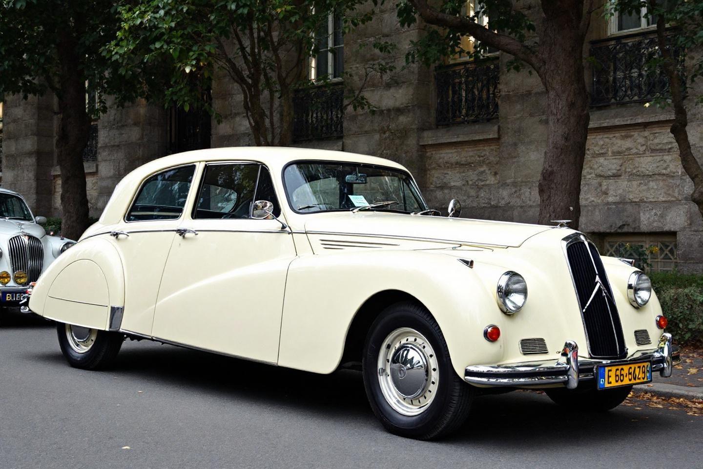 Ancienne voiture élégante garée dans une rue arborée