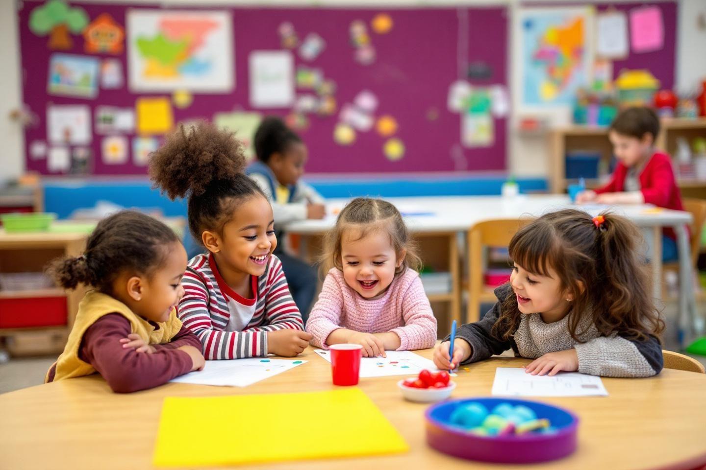 Petits élèves souriants travaillant ensemble autour d'une table colorée