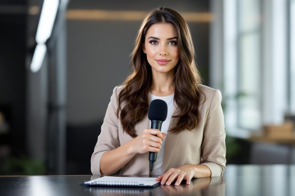 Femme élégante en tailleur beige tenant un micro dans un bureau
