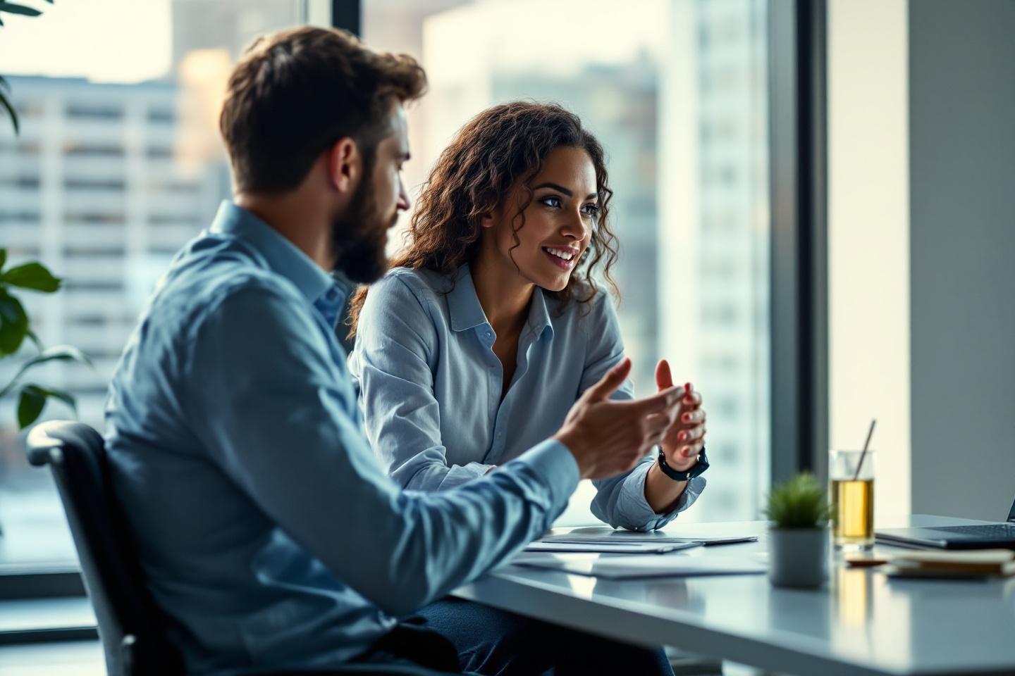 Deux collègues discutant au bureau avec sourire