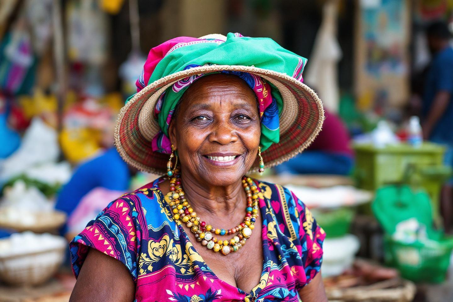 Femme âgée souriante portant des vêtements traditionnels colorés