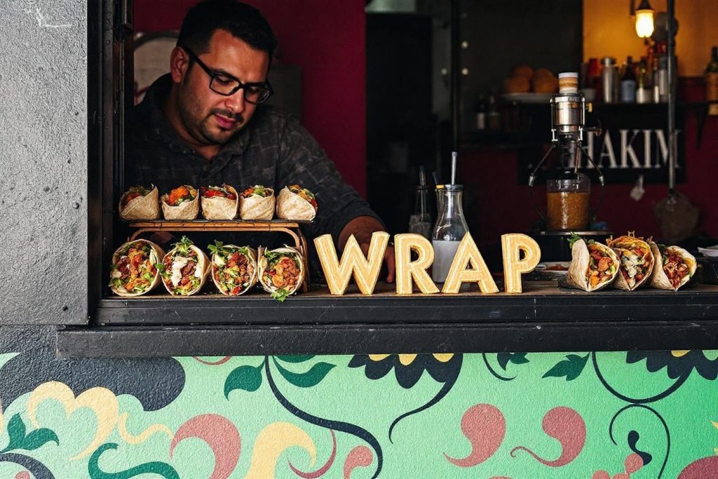 Étalage de wraps variés avec un cuisinier en arrière-plan