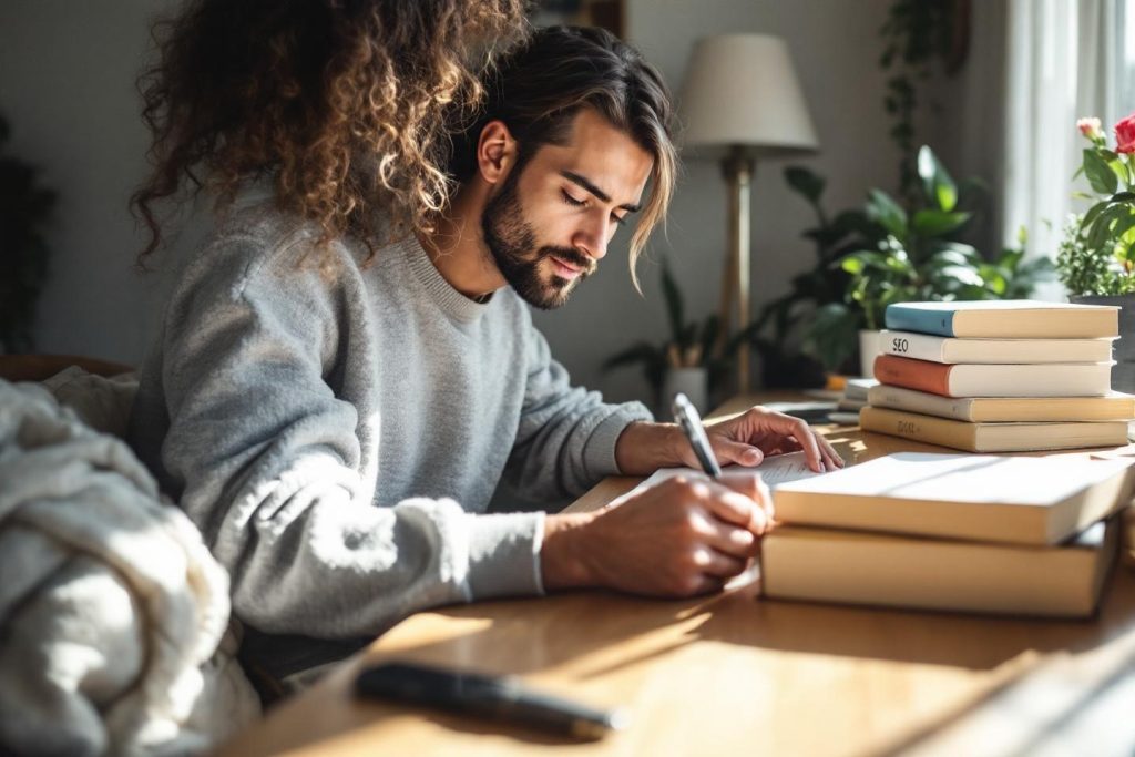 Jeune homme écrivant dans un livre entouré de manuels