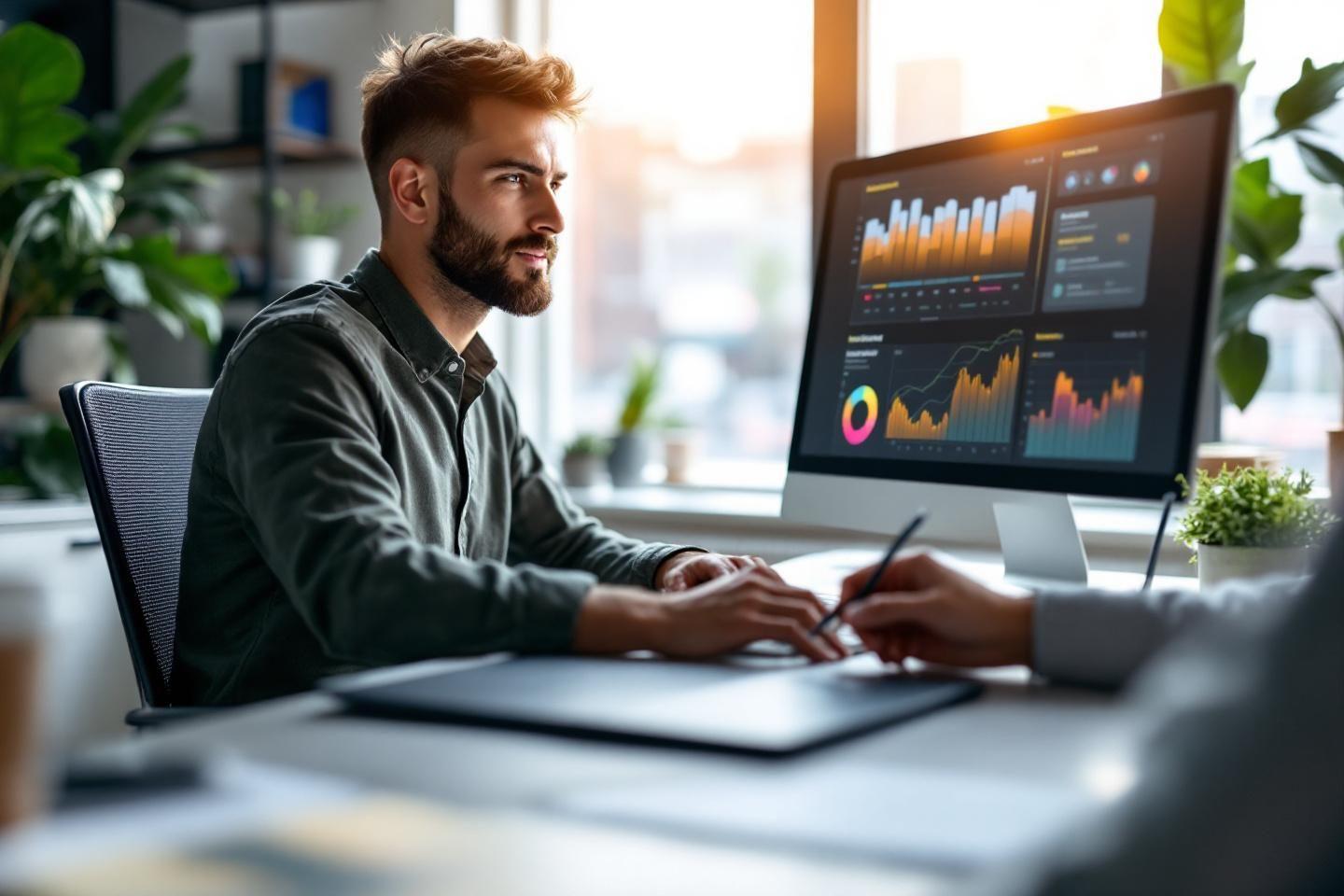 Professionnel travaillant sur des graphiques et tableaux de bord numériques