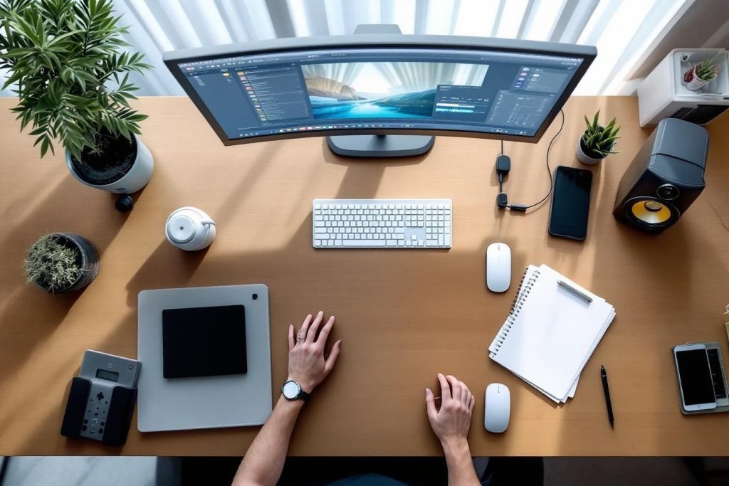 Poste de travail avec écran incurvé, plantes et équipement technologique