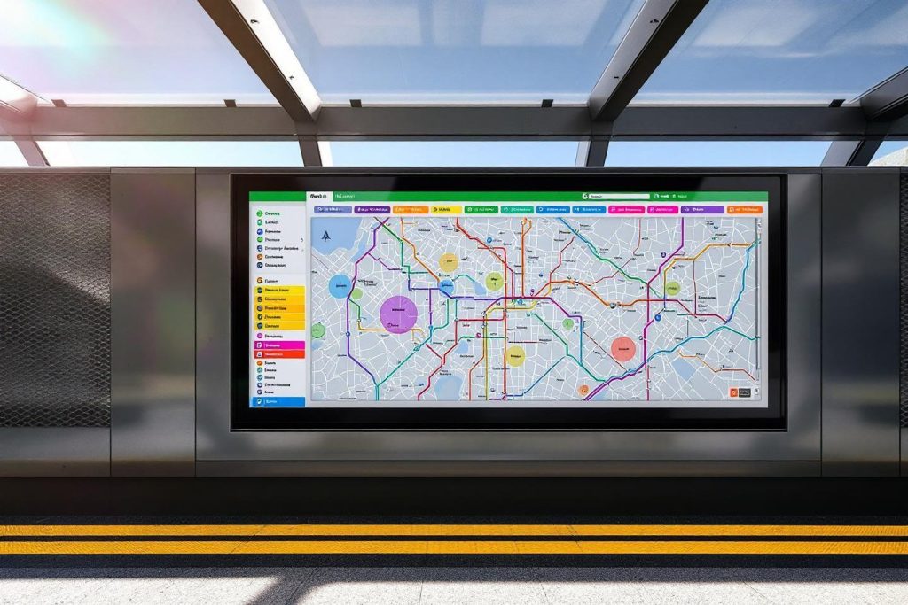 Écran affichant un plan de métro coloré dans une station