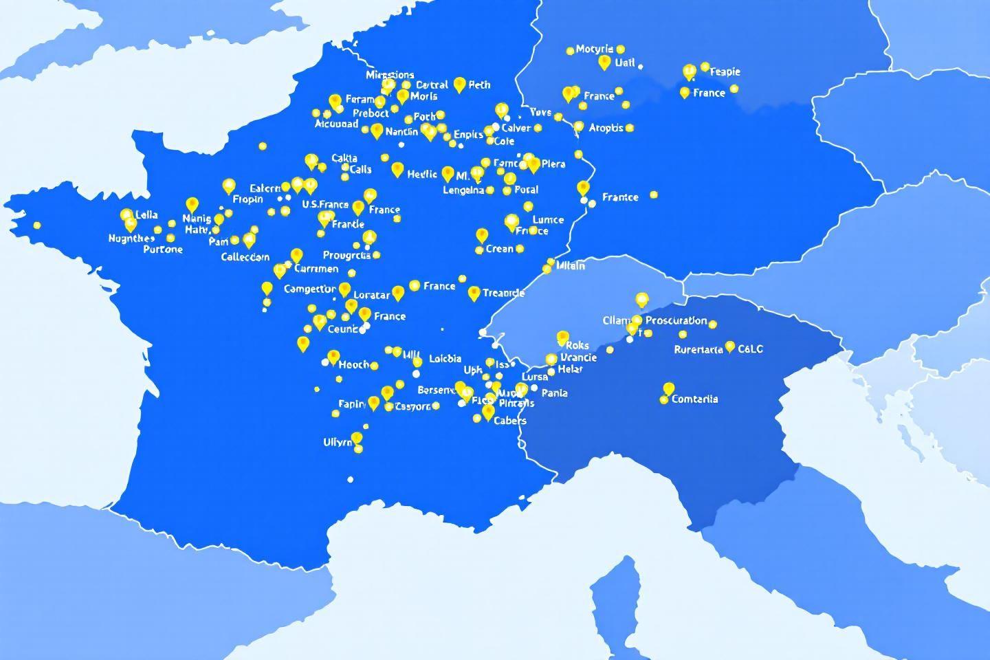 Carte géographique bleue avec des points jaunes représentant des missions