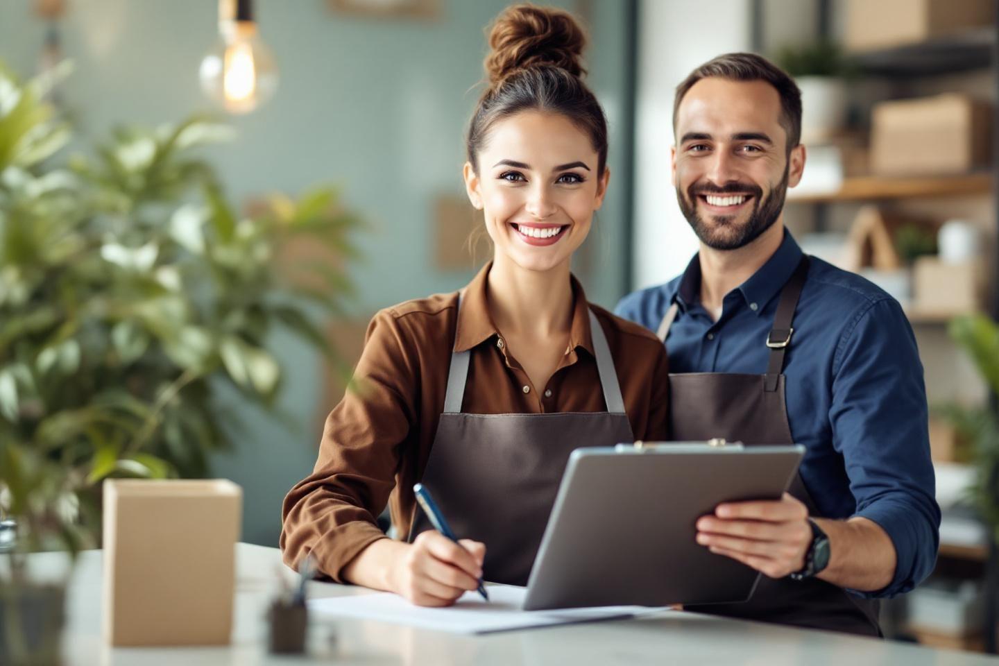 Deux collègues souriants travaillant ensemble avec un ordinateur portable