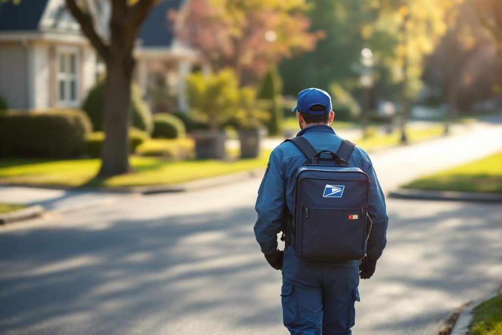 Dos d'un facteur marchant dans une rue paisible