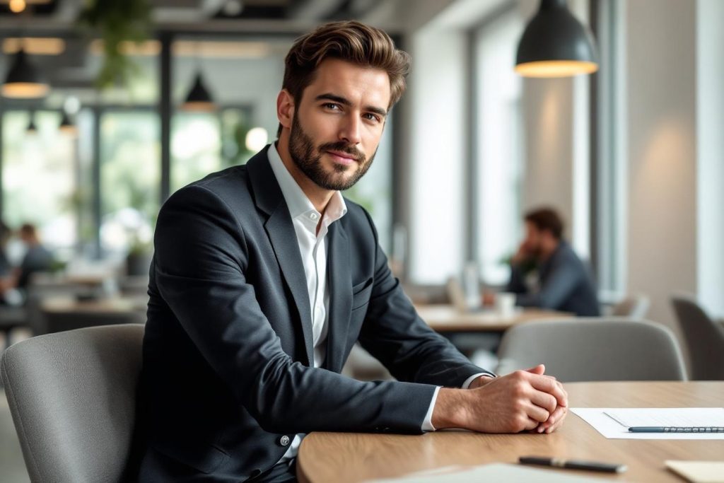 Professionnel en costume noir assis à une table de travail