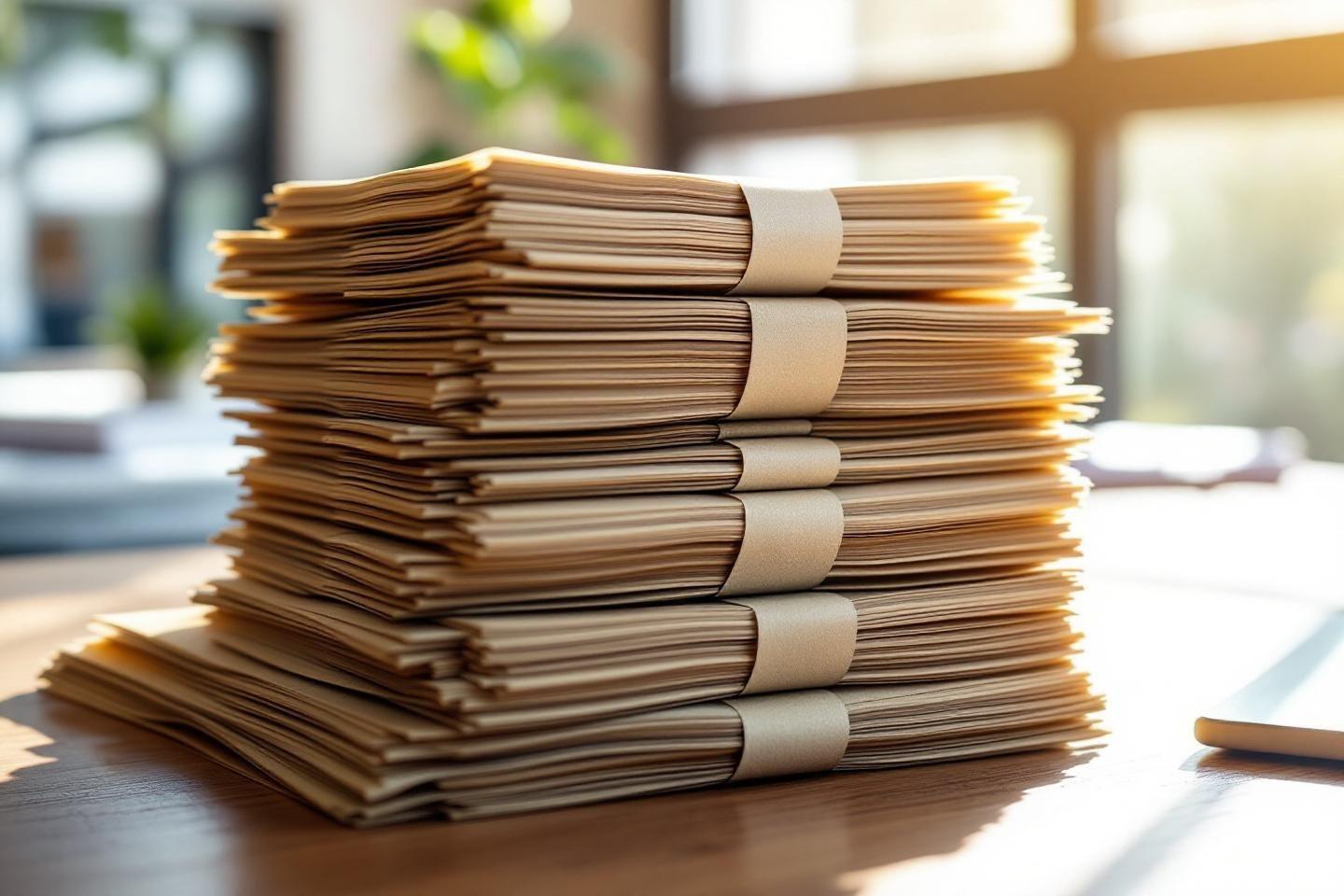 Pile de dossiers papier attachés avec des bandes blanches