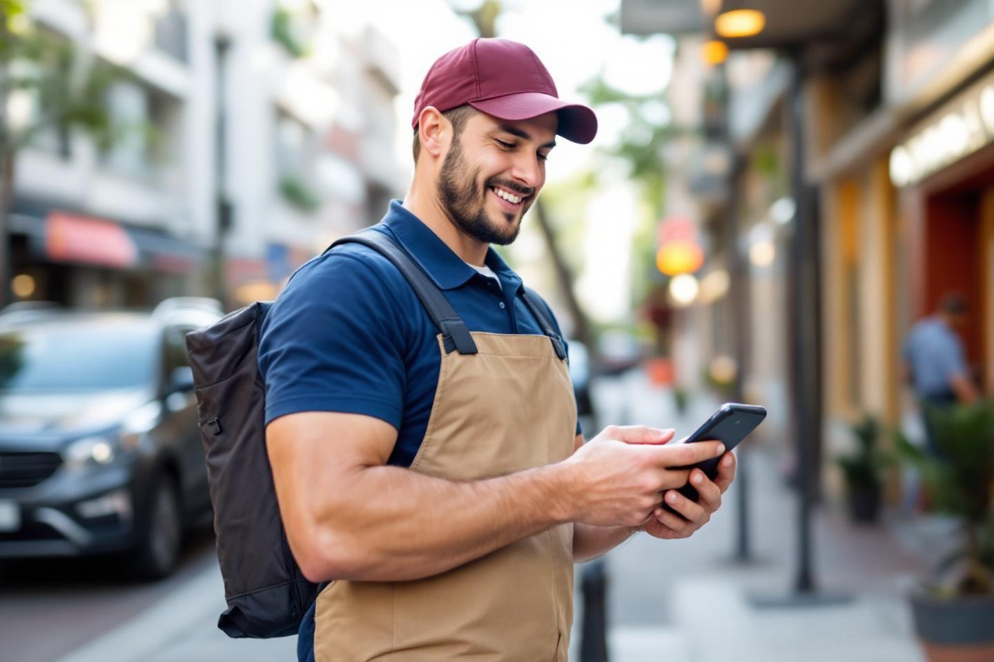 Employé portant un tablier, regardant un téléphone dans la rue
