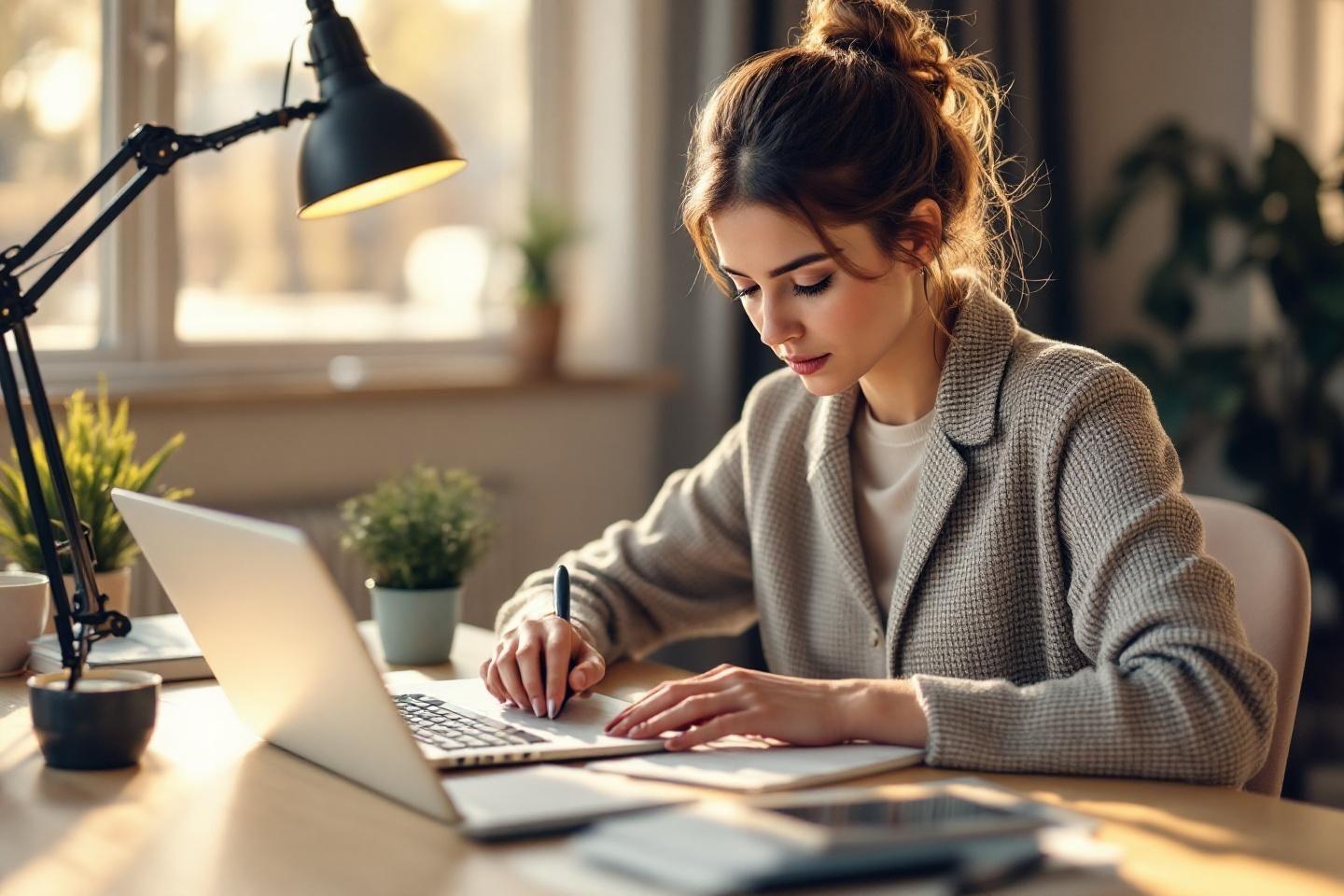 Femme travaillant sur un ordinateur portable près d'une fenêtre