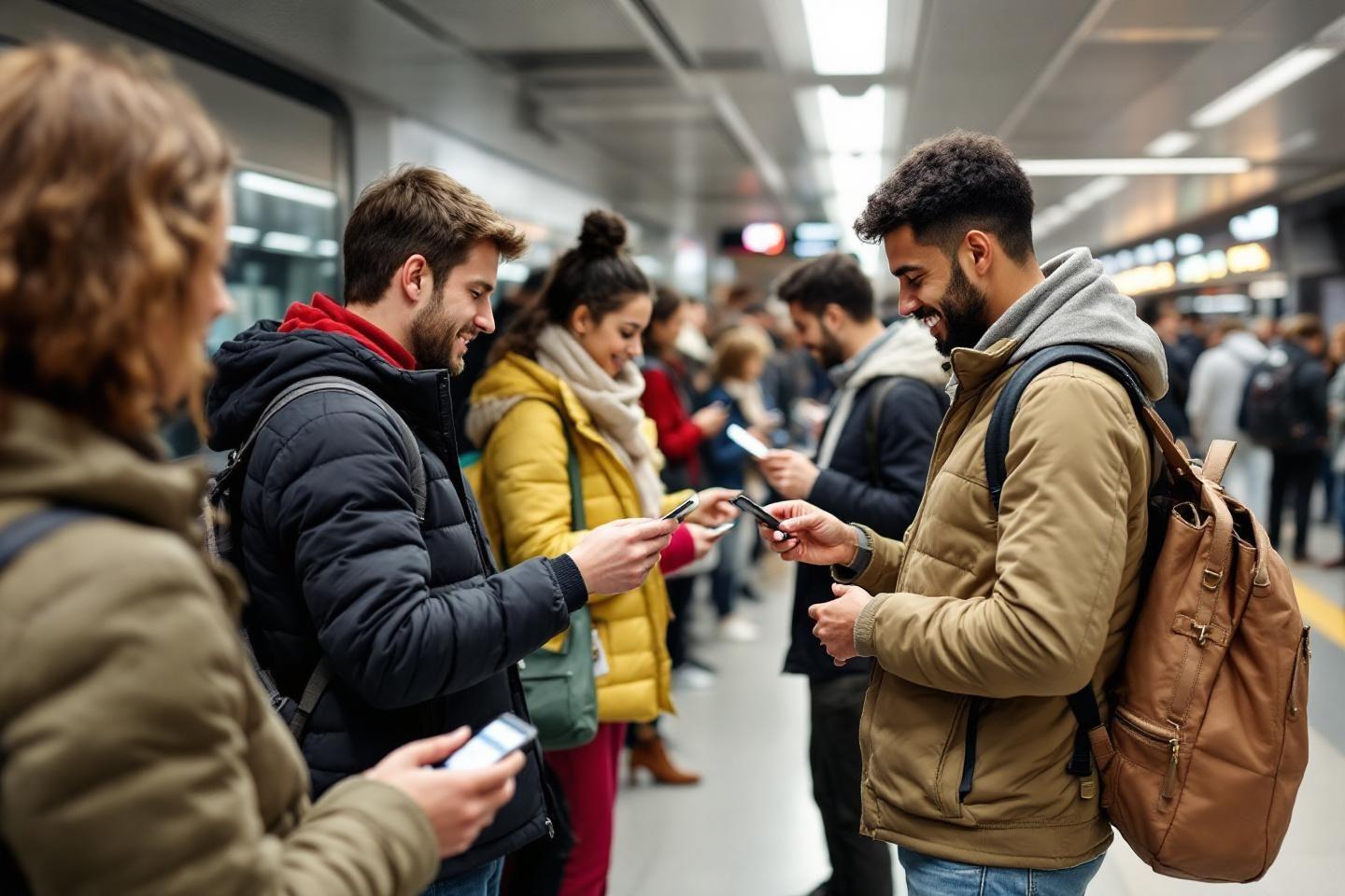 Personnes dans le métro regardant leurs téléphones mobiles