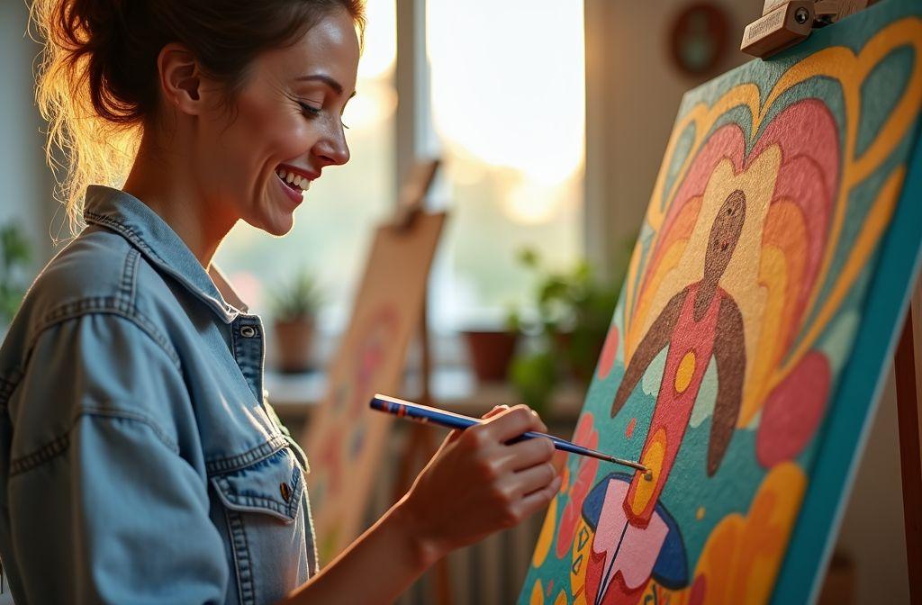 Femme en jean peignant une toile abstraite et vibrante