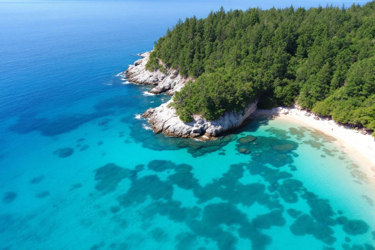 Vue aérienne d'une côte rocheuse boisée et d'une mer turquoise