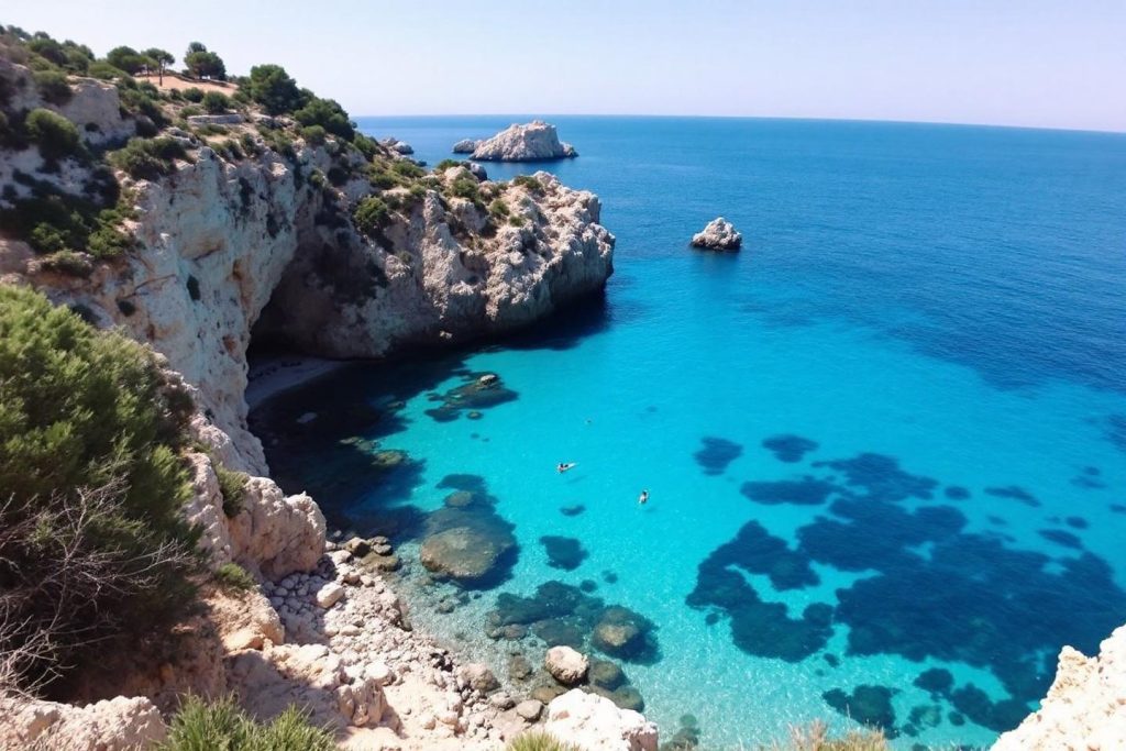 Falaises blanches et mer bleue turquoise avec rochers
