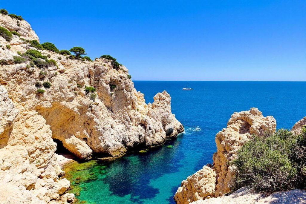 Falaises blanches, mer bleue et bateau au loin