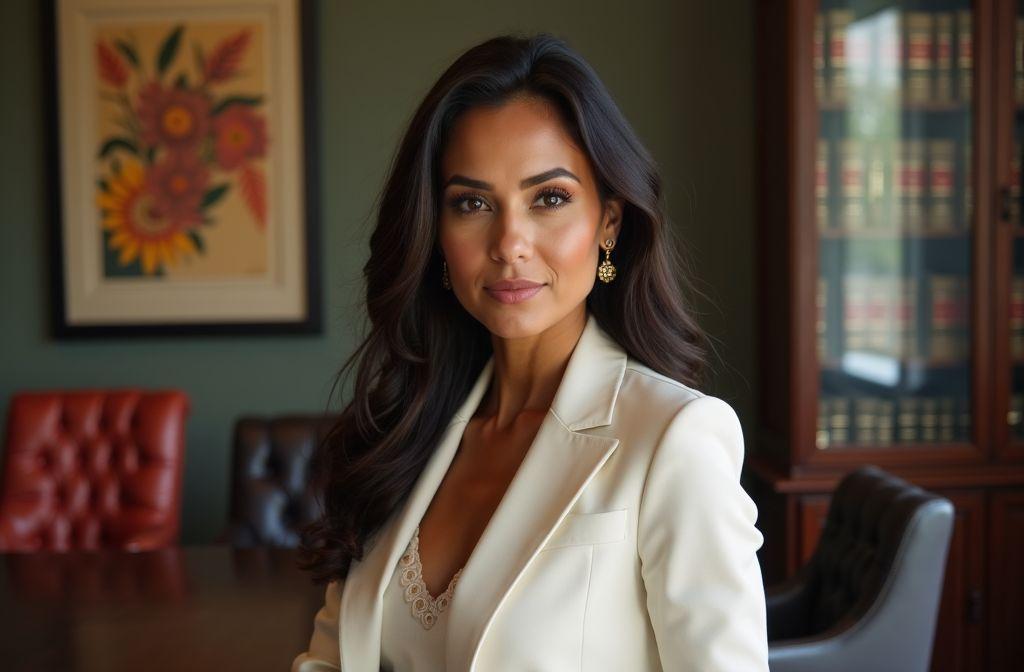 Portrait femme d'affaires en blazer blanc, intérieur bureau chic