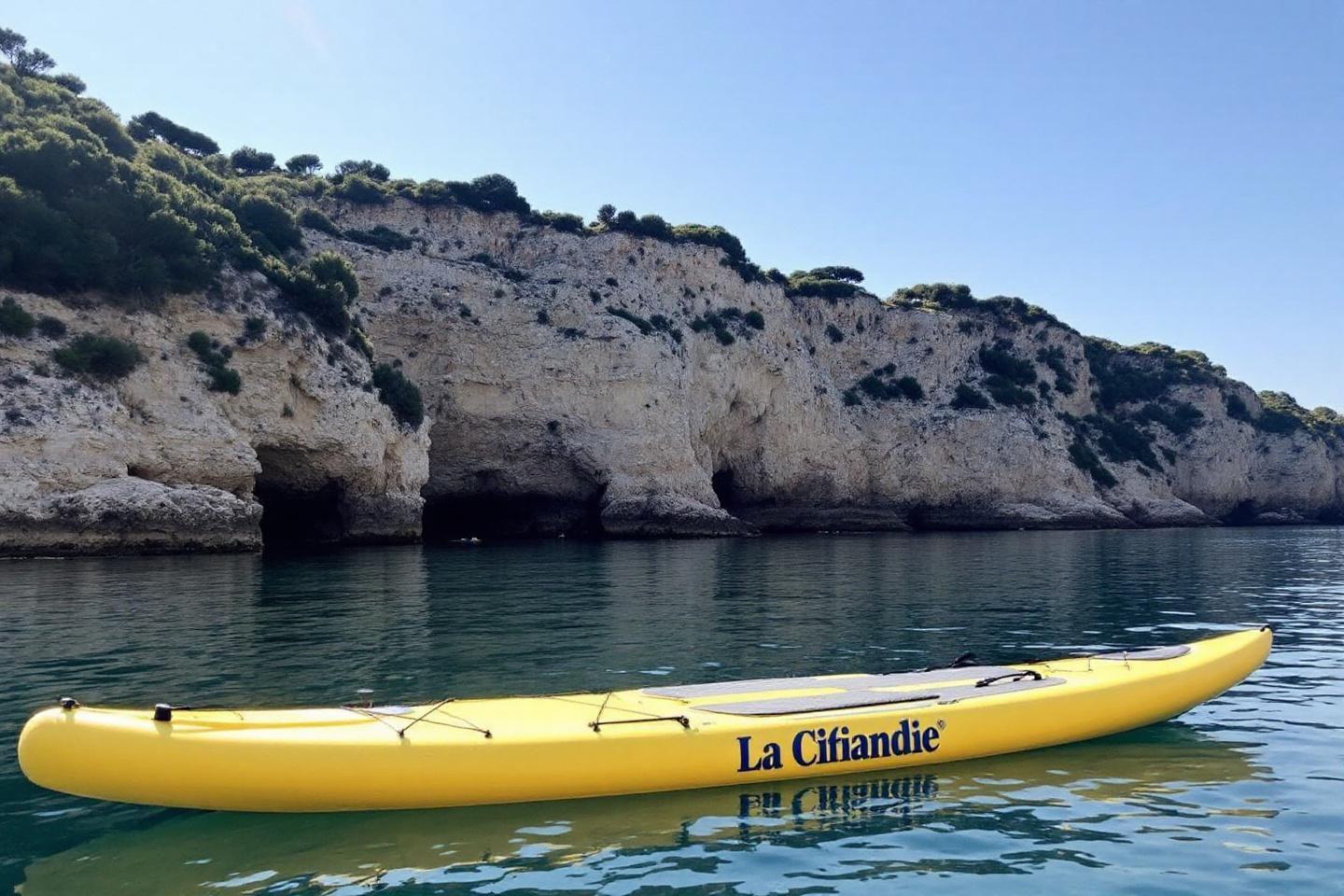 Kayak jaune sur l'eau près de falaises rocheuses calcaires