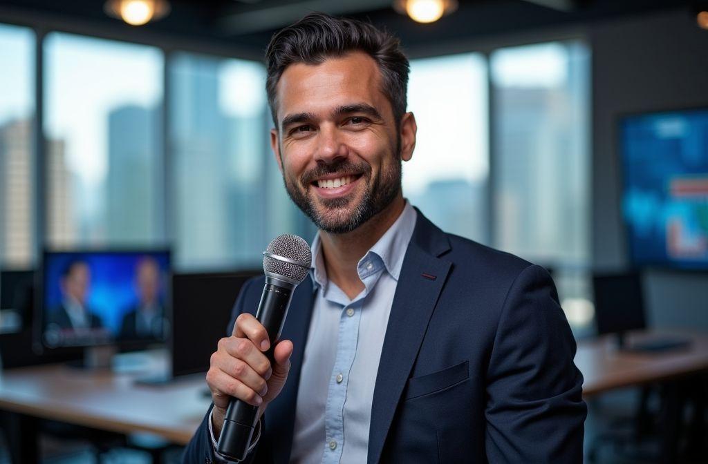 Homme d'affaires élégant tenant un microphone dans un studio
