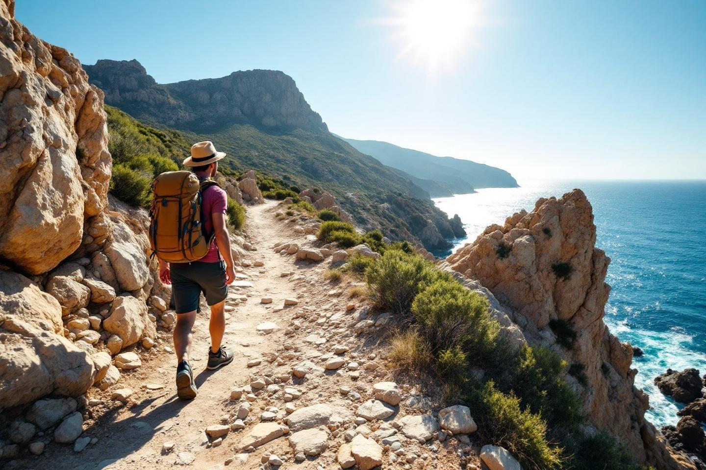 Randonneur solitaire sur un sentier côtier rocheux vue mer