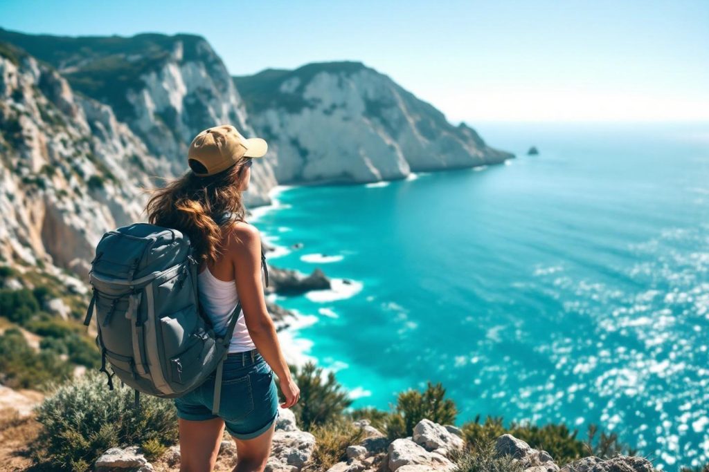 Dos d'une voyageuse dominant une côte rocheuse turquoise