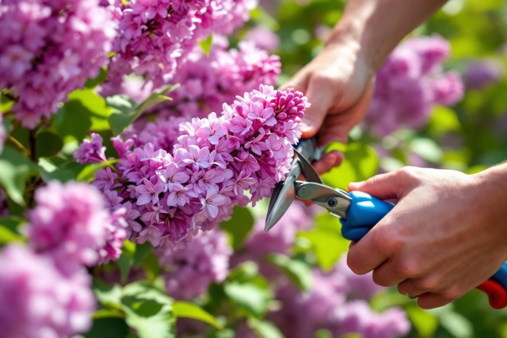 Mains coupant une branche de lilas rose avec des sécateurs