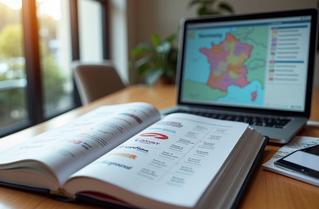 Livre ouvert, carte de France sur ordinateur portable, bureau lumineux