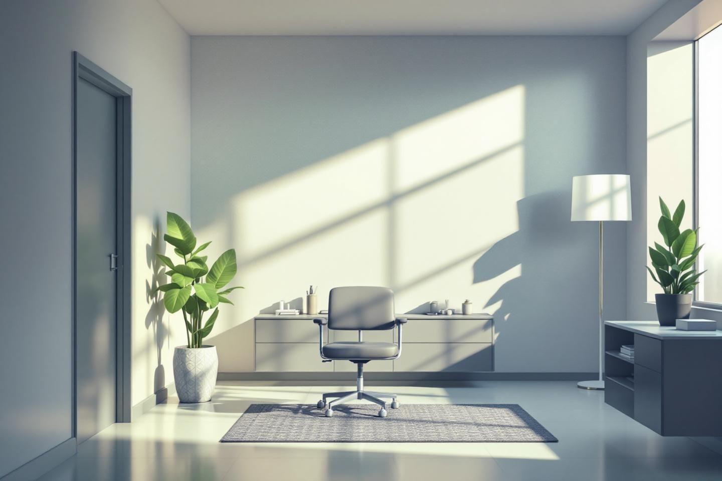 Espace de travail épuré avec chaise, plantes et lumière naturelle