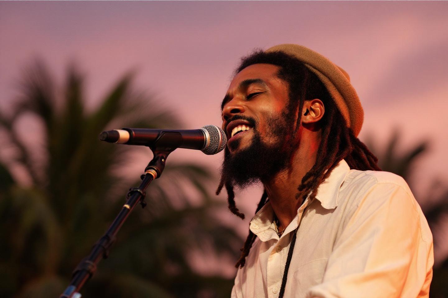 Artiste au micro, chantant avec émotion, lumière crépusculaire