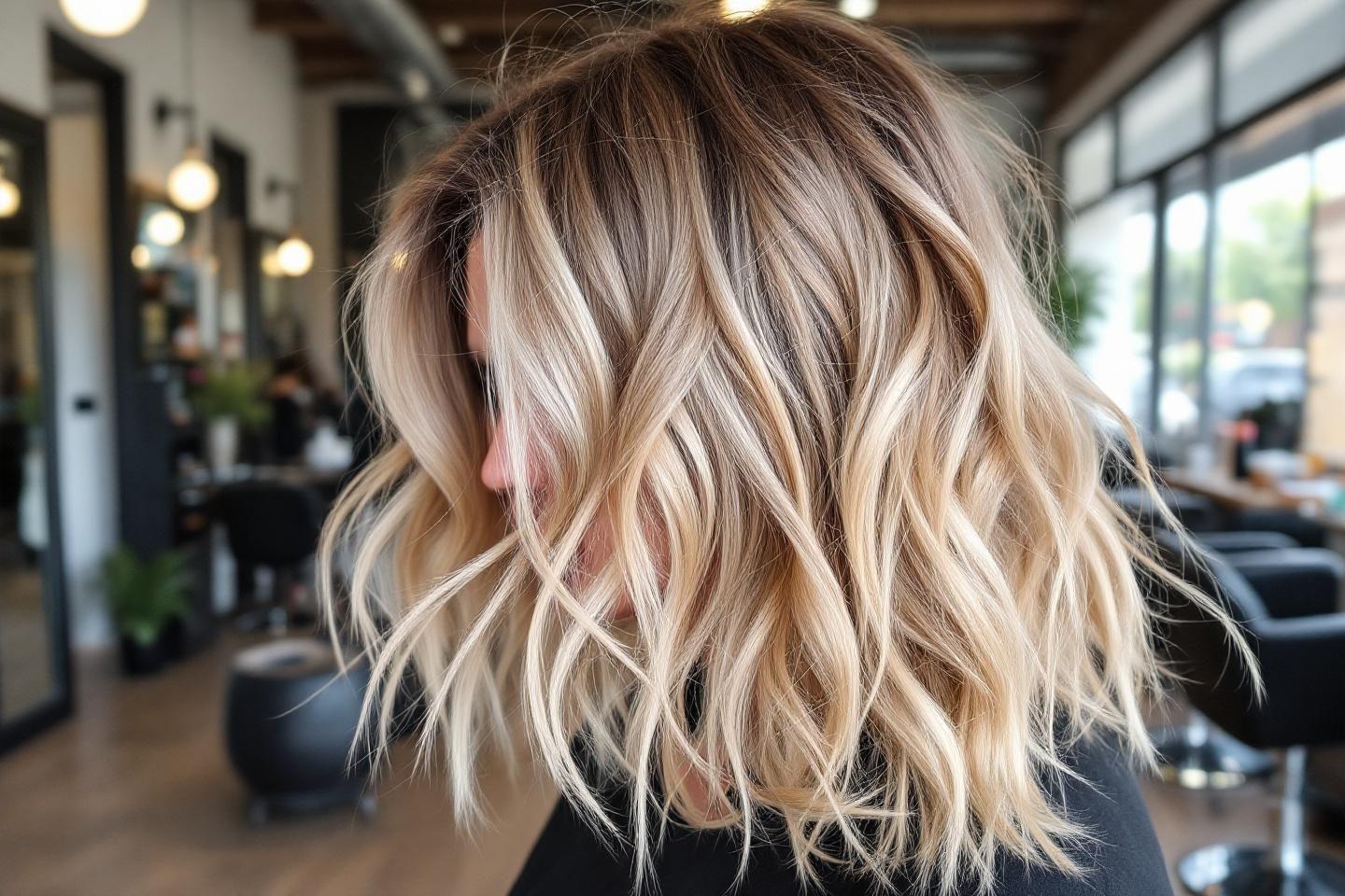 Coupe mi-longue blonde avec mèches et ondulations souples