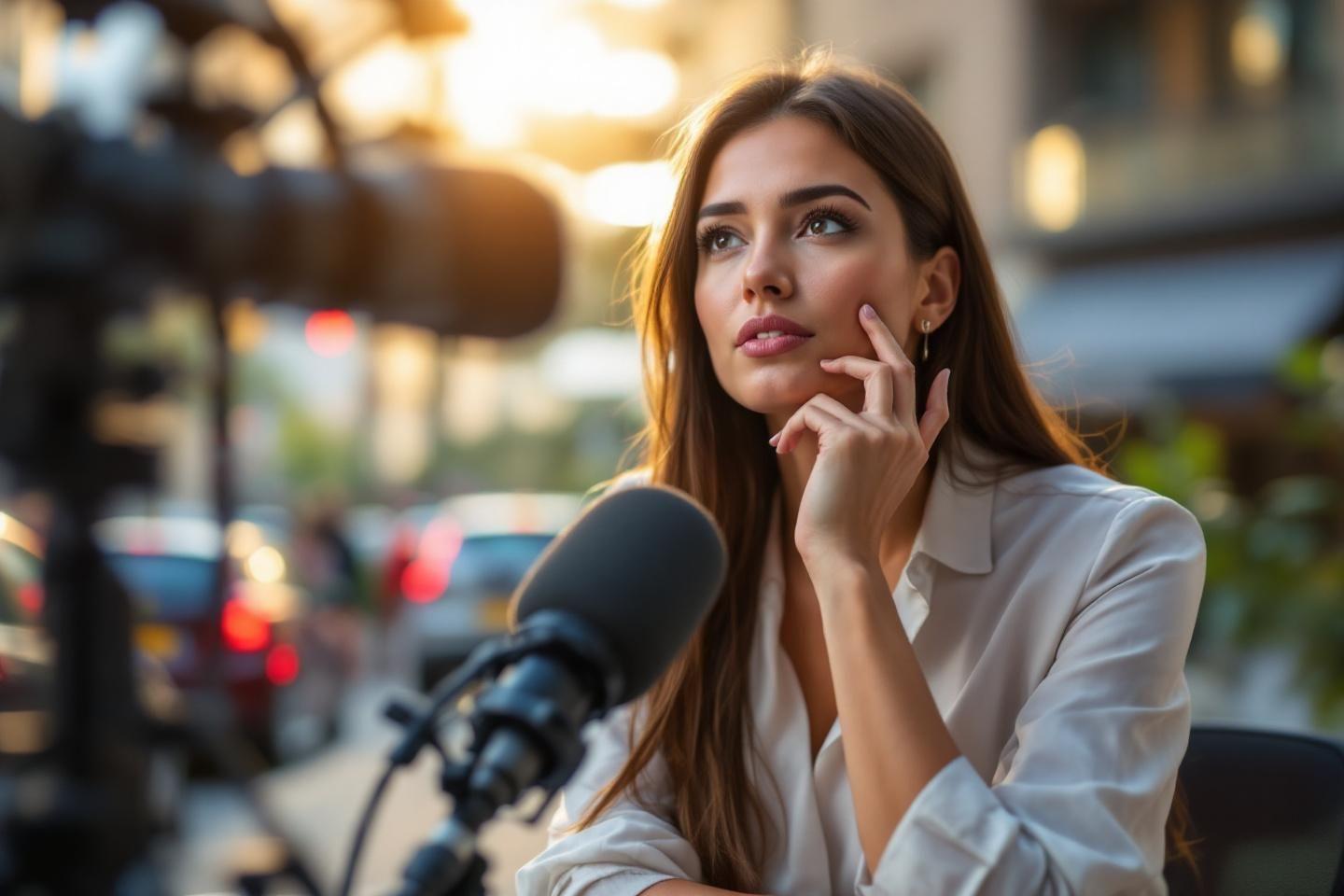 Femme réfléchissant pendant un tournage avec microphone