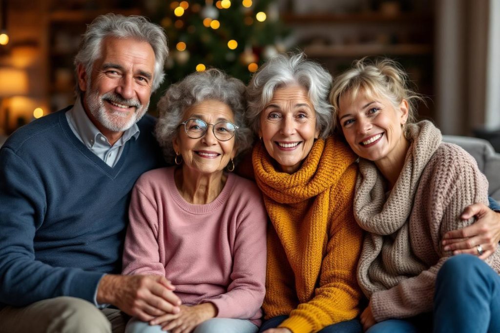 Quatre seniors souriants ensemble devant un sapin de Noël