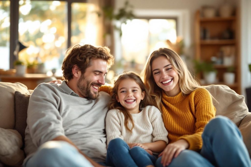 Parents et enfant souriant ensemble sur un canapé confortable
