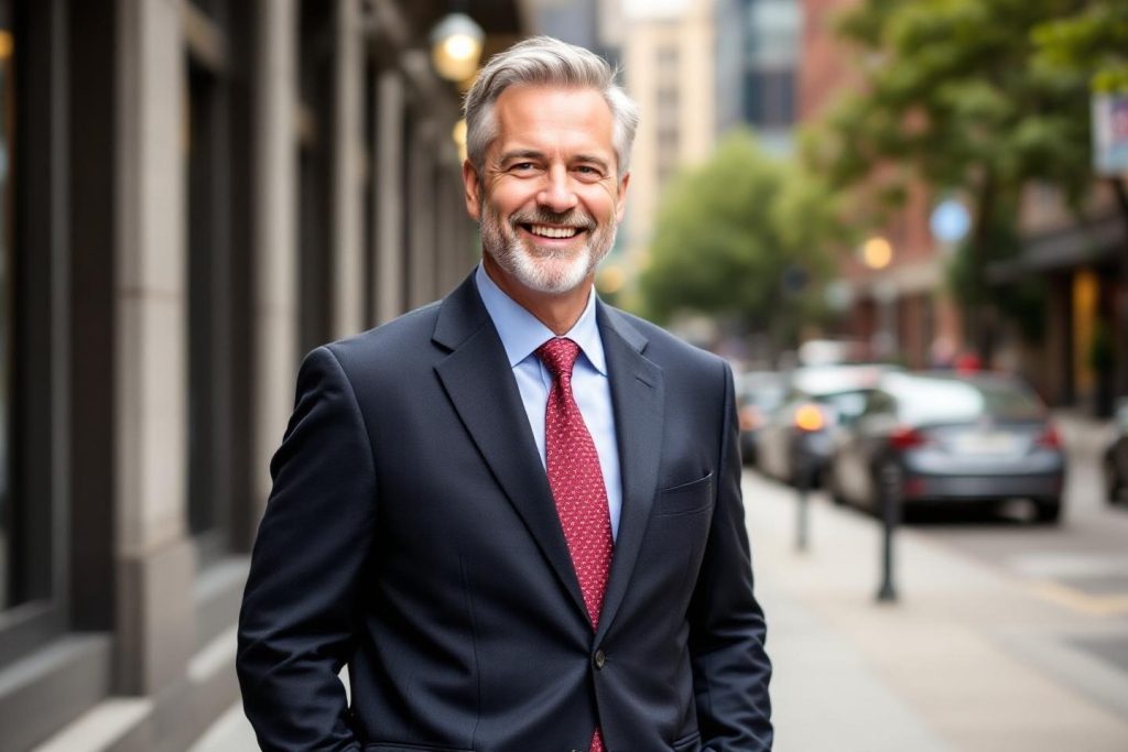 Homme d'âge mûr en costume bleu souriant dans rue urbaine