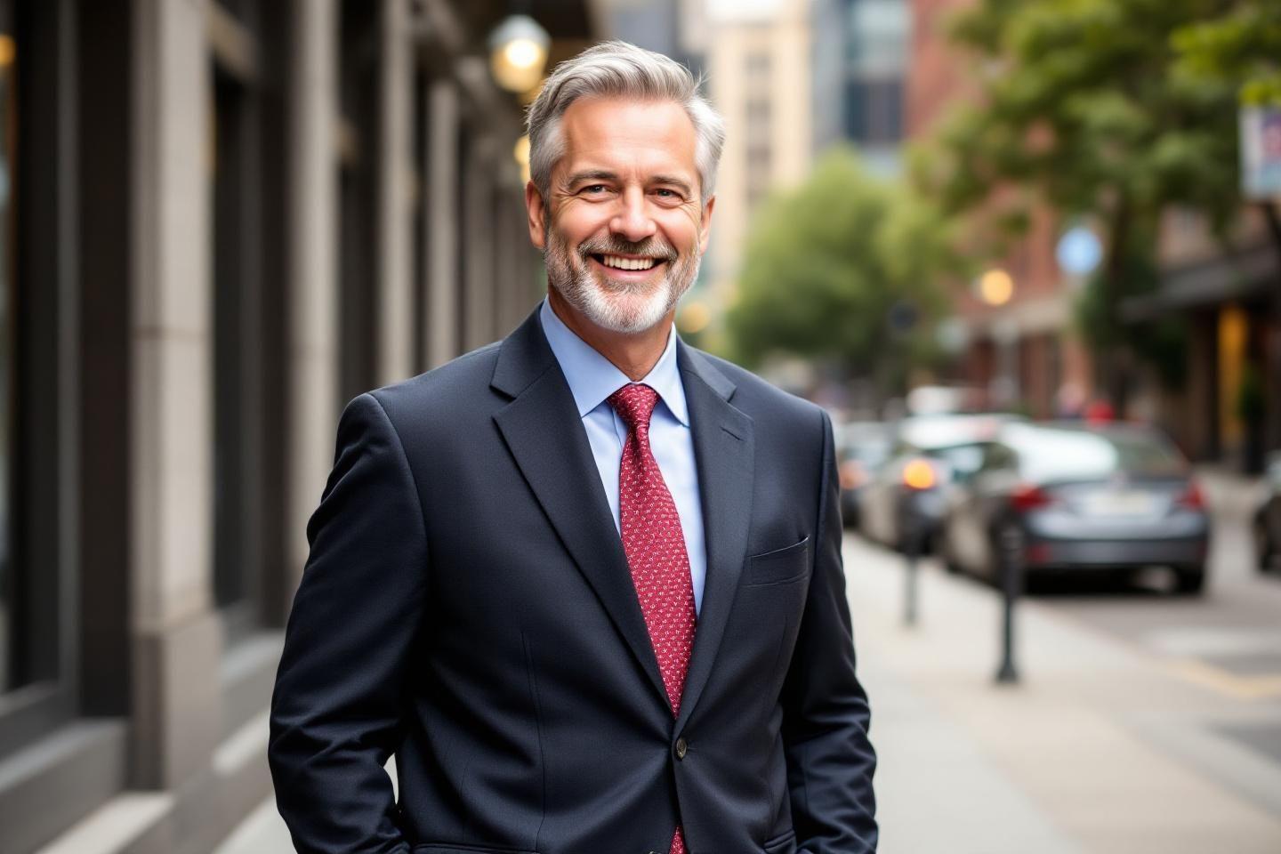 Homme d'âge mûr en costume bleu souriant dans rue urbaine