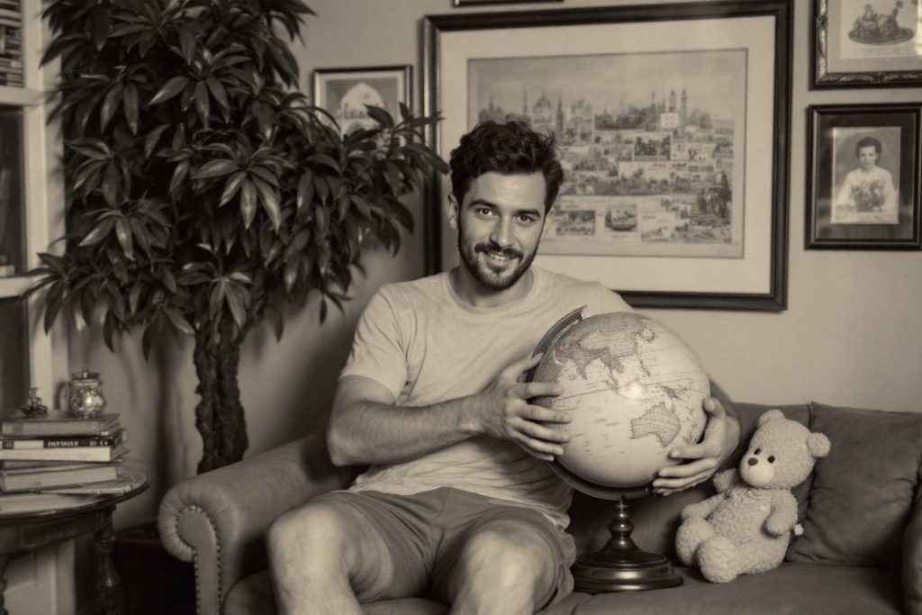 Un homme assis sur un canapé avec un globe et un ours en peluche