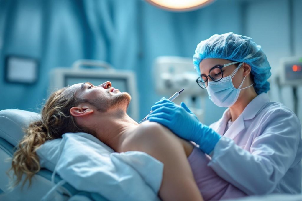 Professionnel de santé examinant un patient dans un environnement stérile